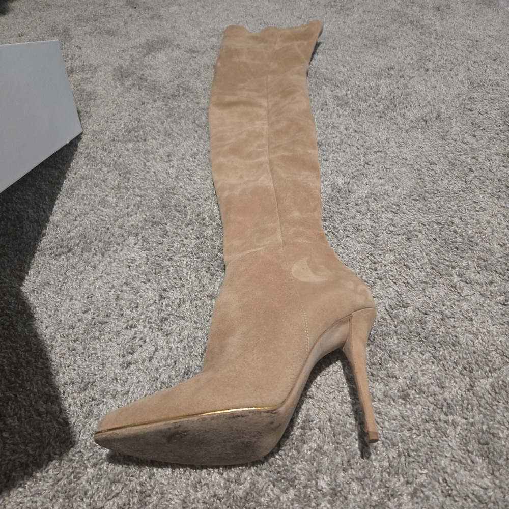 Balmain Tan Over the Knee Suede Boots. Catherine Light Beige Size 39.